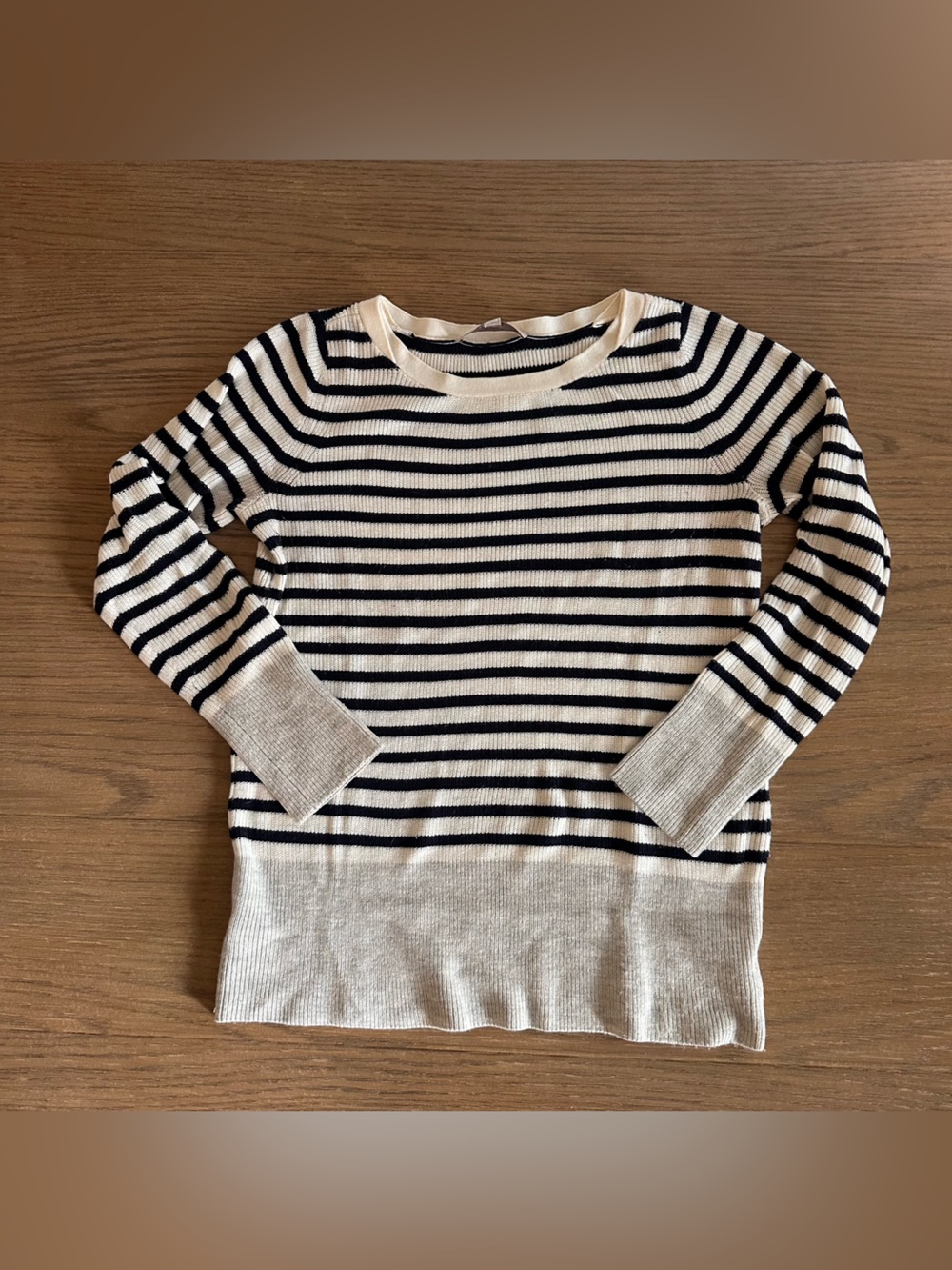 LOFT Striped Crewneck Sweater Size Medium Gray Black White Classic Knit
